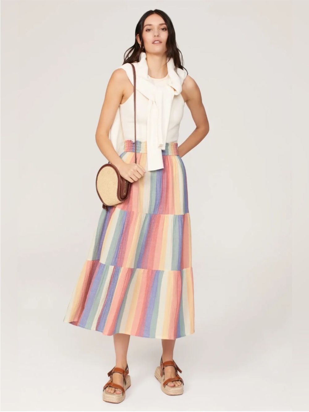 Marine Layer Corinne Tiered Maxi Skirt in Rainbow Stripe Size XS
